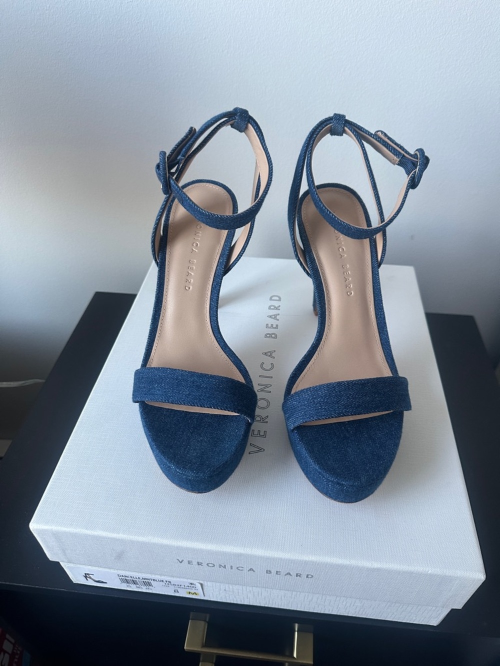 Veronica Beard Navy Blue Suede Open-Toe Ankle-Strap Heels